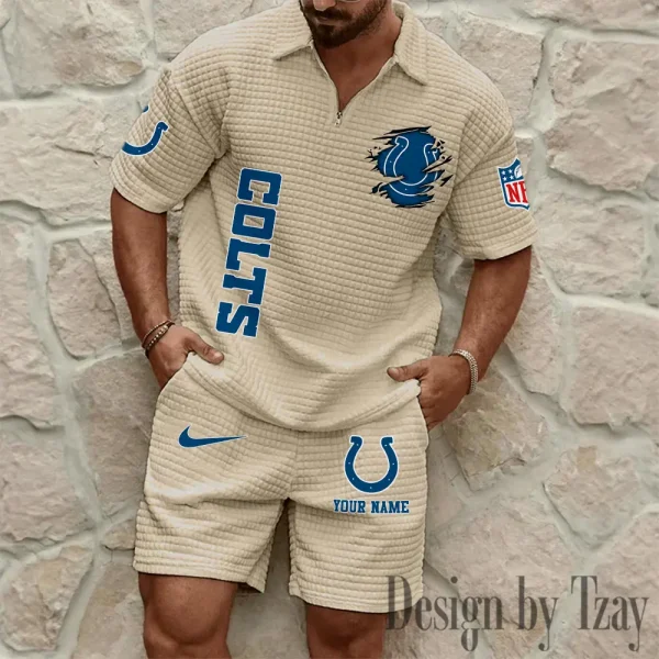 Indianapolis Colts Men’s Waffle Pattern Half Zipper Shirt And Short c - Image 3