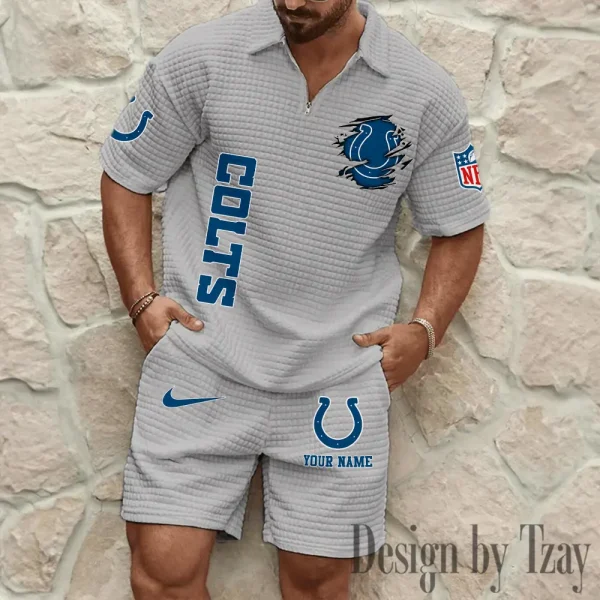 Indianapolis Colts Men’s Waffle Pattern Half Zipper Shirt And Short c - Image 4