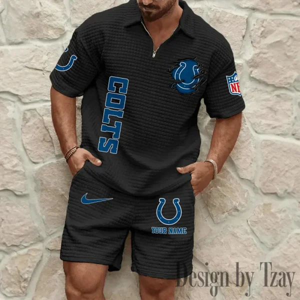 Indianapolis Colts Men’s Waffle Pattern Half Zipper Shirt And Short c - Image 5