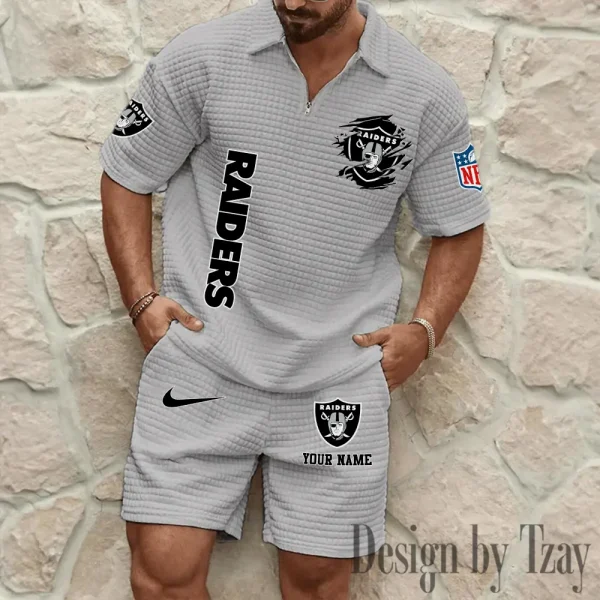 Las Vegas Raiders Men’s Waffle Pattern Half Zipper Shirt And Short BSPTWHZSS176 - Image 3