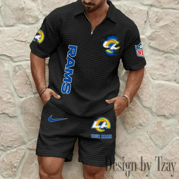 Los Angeles Rams Men’s Waffle Pattern Half Zipper Shirt And Short BSPTWHZSS178 - Image 2