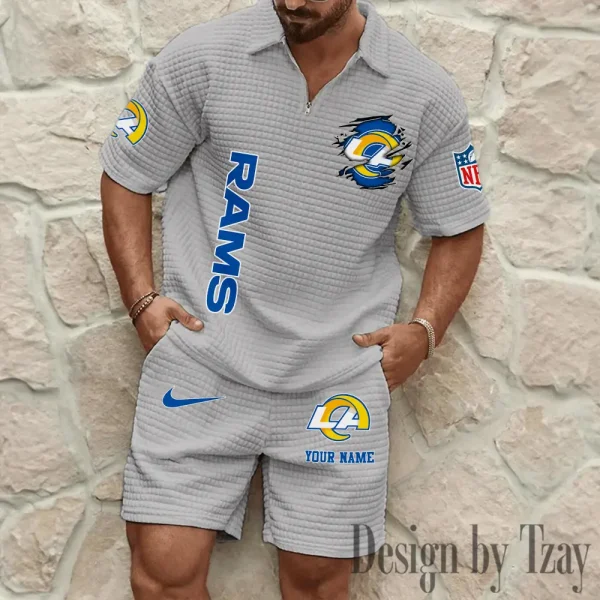 Los Angeles Rams Men’s Waffle Pattern Half Zipper Shirt And Short BSPTWHZSS178 - Image 4