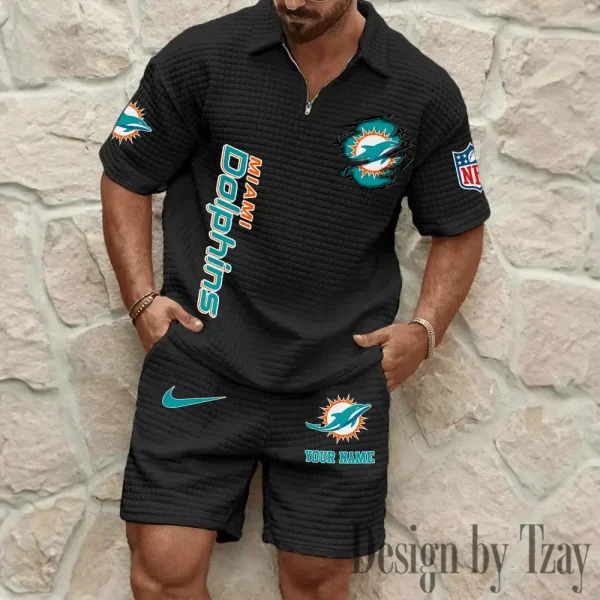 Miami Dolphins Men’s Waffle Pattern Half Zipper Shirt And Short BSPTWHZSS179 - Image 5