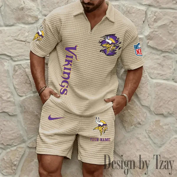 Minnesota Vikings Men’s Waffle Pattern Half Zipper Shirt And Short BSPTWHZSS180 - Image 2