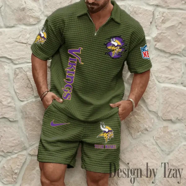 Minnesota Vikings Men’s Waffle Pattern Half Zipper Shirt And Short BSPTWHZSS180 - Image 3