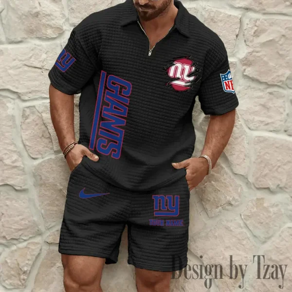 New York Giants Men’s Waffle Pattern Half Zipper Shirt And Short BSPTWHZSS183 - Image 3