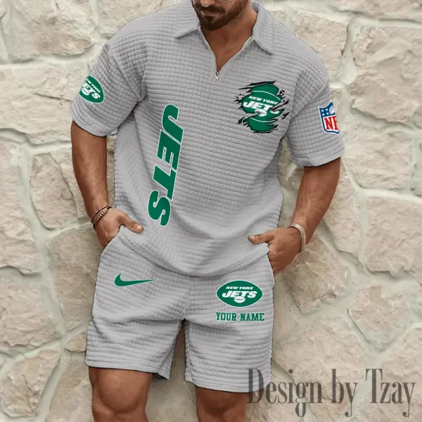 New York Jets Men’s Waffle Pattern Half Zipper Shirt And Short BSPTWHZSS184 - Image 2