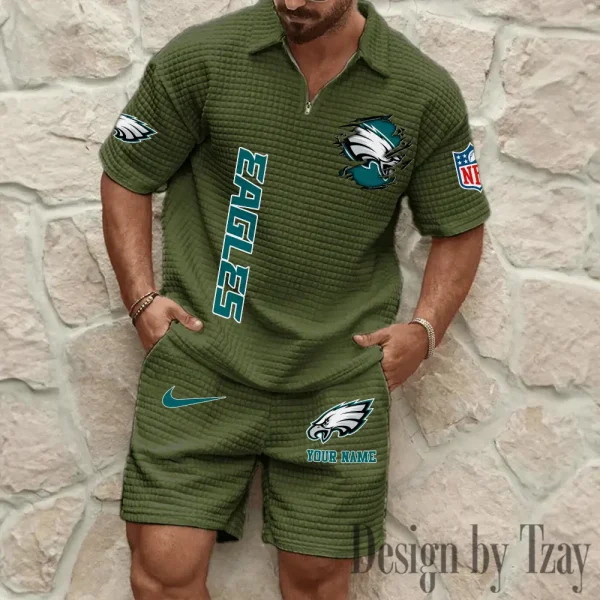 Philadelphia Eagles Men’s Waffle Pattern Half Zipper Shirt And Short BSPTWHZSS185 - Image 4