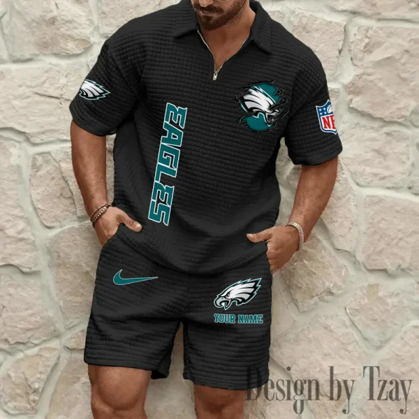 Philadelphia Eagles Men’s Waffle Pattern Half Zipper Shirt And Short BSPTWHZSS185 - Image 5