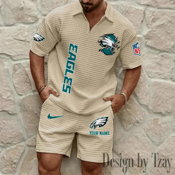 Philadelphia Eagles Men’s Waffle Pattern Half Zipper Shirt And Short BSPTWHZSS185 - Image 7
