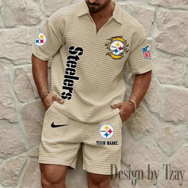 Pittsburgh Steelers Men’s Waffle Pattern Half Zipper Shirt And Short BSPTWHZSS186