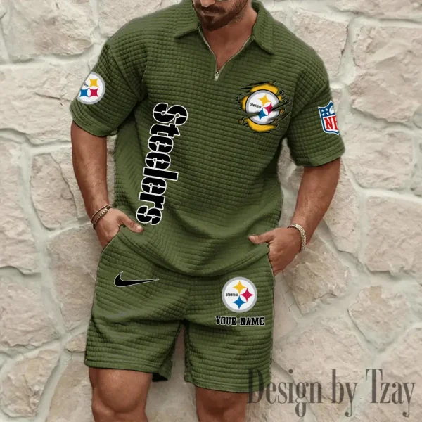 Pittsburgh Steelers Men’s Waffle Pattern Half Zipper Shirt And Short BSPTWHZSS186 - Image 2