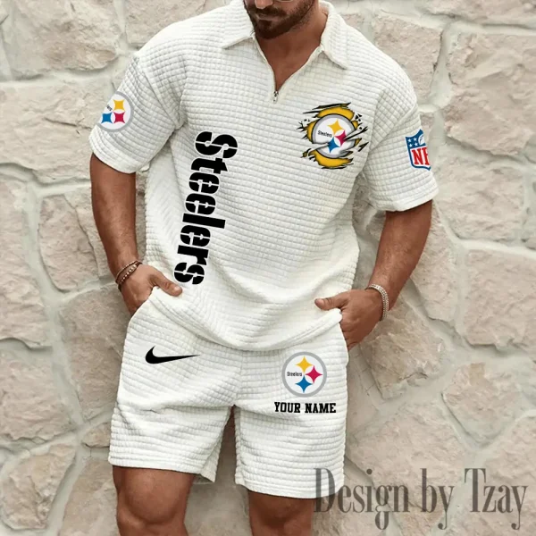 Pittsburgh Steelers Men’s Waffle Pattern Half Zipper Shirt And Short BSPTWHZSS186 - Image 3