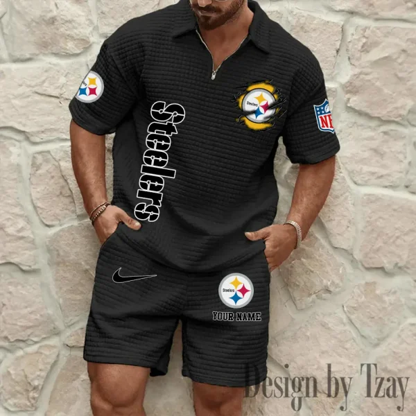 Pittsburgh Steelers Men’s Waffle Pattern Half Zipper Shirt And Short BSPTWHZSS186 - Image 5