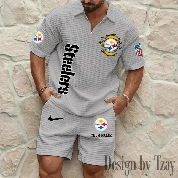 Pittsburgh Steelers Men’s Waffle Pattern Half Zipper Shirt And Short BSPTWHZSS186 - Image 7