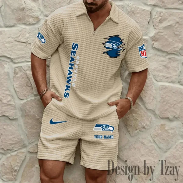 Seattle Seahawks Men’s Waffle Pattern Half Zipper Shirt And Short BSPTWHZSS188 - Image 2