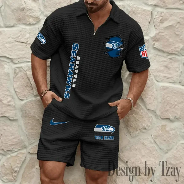 Seattle Seahawks Men’s Waffle Pattern Half Zipper Shirt And Short BSPTWHZSS188 - Image 5