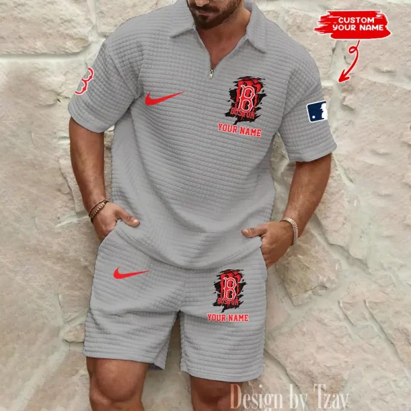 Boston Red Sox Men’s Waffle Pattern Half Zipper Shirt And Short BSPTWHZSS195 - Image 2