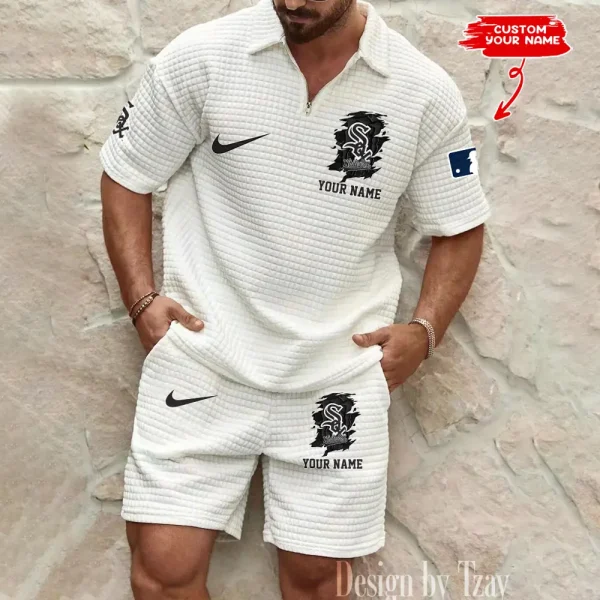 Chicago White Sox Men’s Waffle Pattern Half Zipper Shirt And Short BSPTWHZSS197 - Image 4