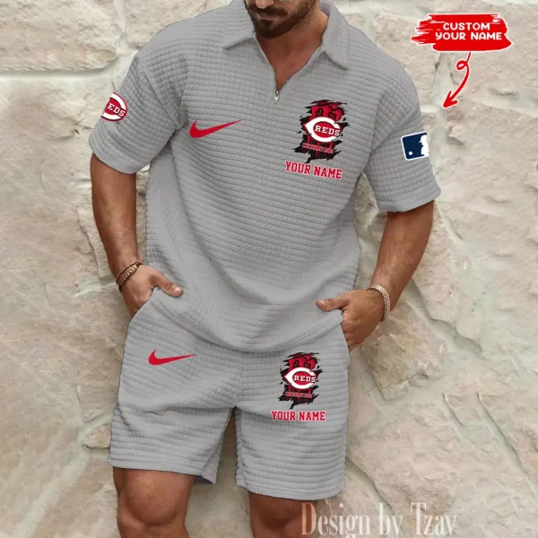 Cincinnati Reds Men’s Waffle Pattern Half Zipper Shirt And Short BSPTWHZSS198 - Image 2