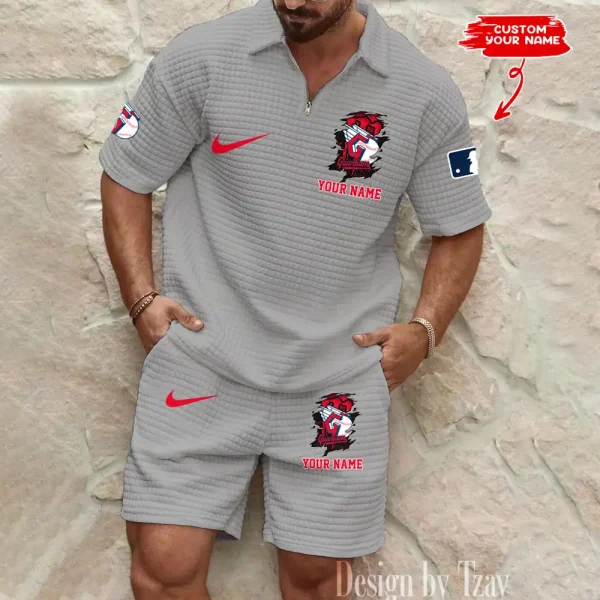 Cleveland Guardians Men’s Waffle Pattern Half Zipper Shirt And Short BSPTWHZSS199 - Image 2