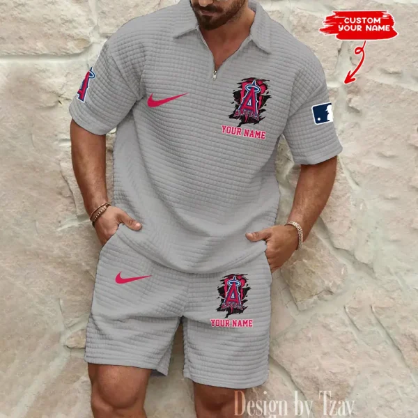Los Angeles Angels Men’s Waffle Pattern Half Zipper Shirt And Short BSPTWHZSS203 - Image 2
