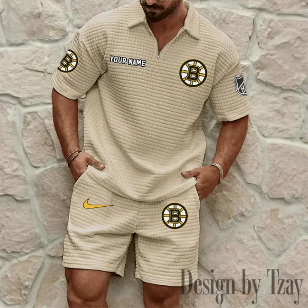 Boston Bruins Men's Waffle Knit Short Sleeve Slim Fit Soft Summer And Shorts BSPTWHZSS223