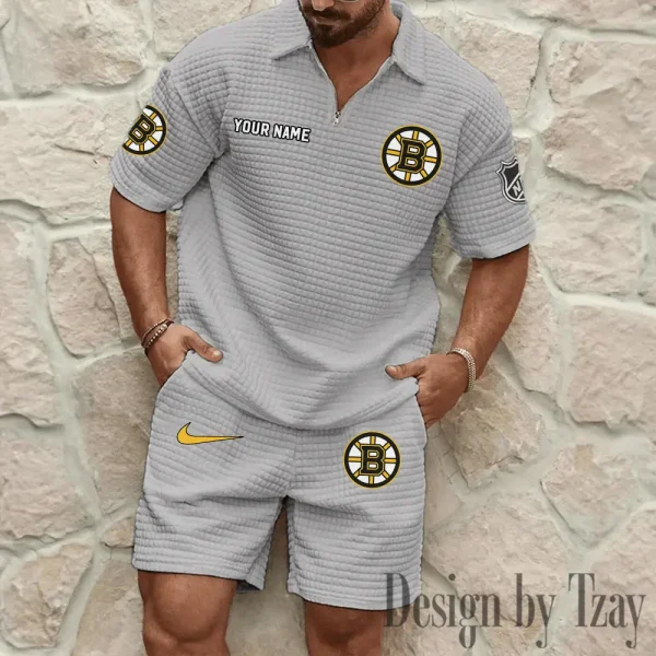 Boston Bruins Men's Waffle Knit Short Sleeve Slim Fit Soft Summer And Shorts BSPTWHZSS223 - Image 6