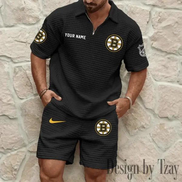Boston Bruins Men's Waffle Knit Short Sleeve Slim Fit Soft Summer And Shorts BSPTWHZSS223 - Image 7