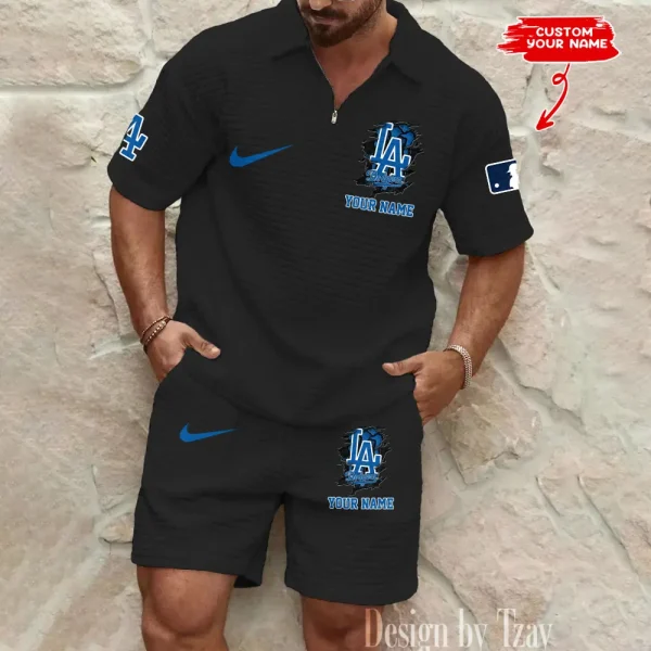 Los Angeles Dodgers Men’s Waffle Pattern Half Zipper Shirt And Short BSPTWHZSS204 - Image 5