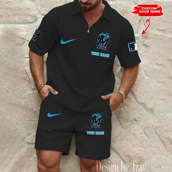 Miami Marlins Men’s Waffle Pattern Half Zipper Shirt And Short BSPTWHZSS205 - Image 5