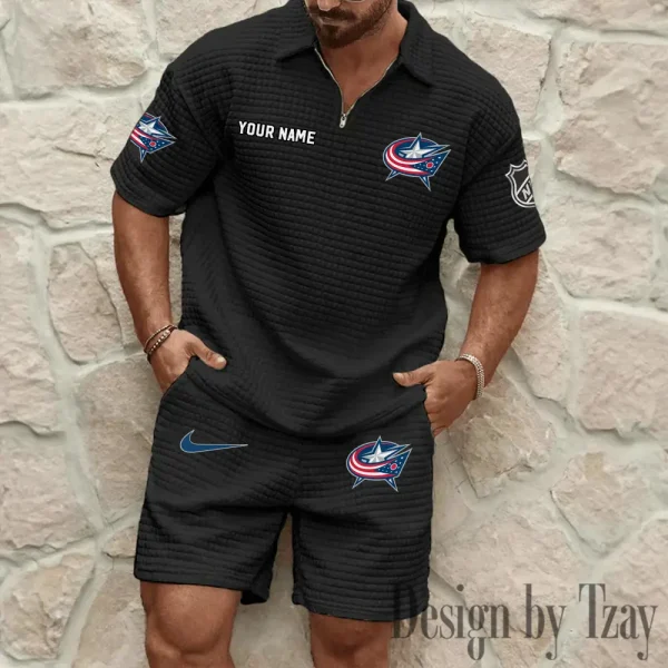 Columbus Blue Jackets Men's Waffle Knit Short Sleeve Slim Fit Soft Summer And Shorts BSPTWHZSS233 - Image 3