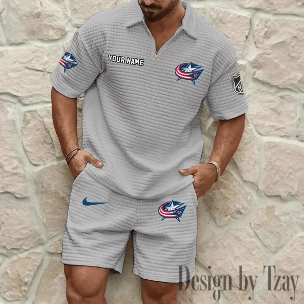 Columbus Blue Jackets Men's Waffle Knit Short Sleeve Slim Fit Soft Summer And Shorts BSPTWHZSS233 - Image 5