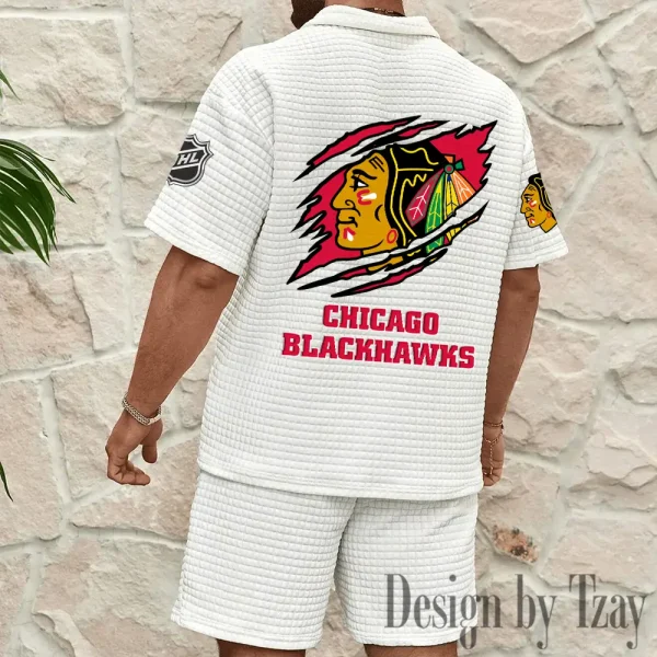 Chicago Blackhawks Men's Waffle Knit Short Sleeve Slim Fit Soft Summer And Shorts BSPTWHZSS236 - Image 4