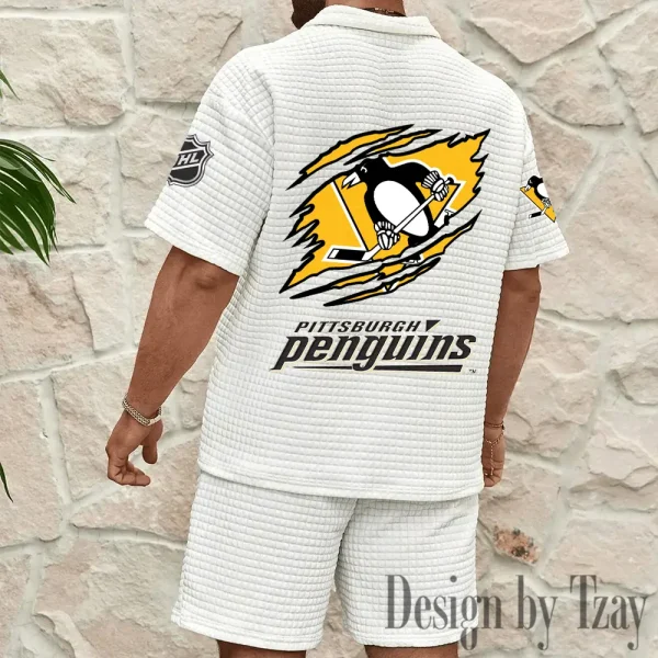 Pittsburgh Penguins Men's Waffle Knit Short Sleeve Slim Fit Soft Summer And Shorts BSPTWHZSS243 - Image 2