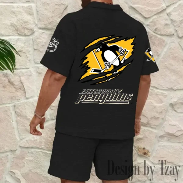 Pittsburgh Penguins Men's Waffle Knit Short Sleeve Slim Fit Soft Summer And Shorts BSPTWHZSS243 - Image 6