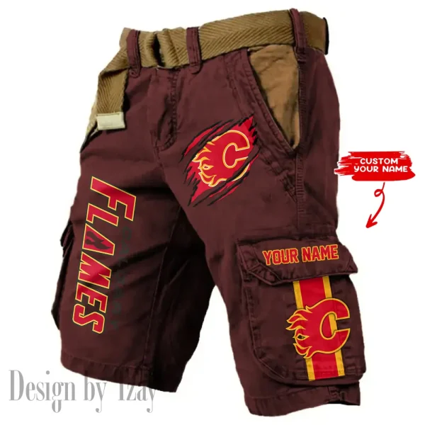 Calgary Flames Pocket Print Cargo Shorts (Belt Not Included) trending 2025 S9MCS370