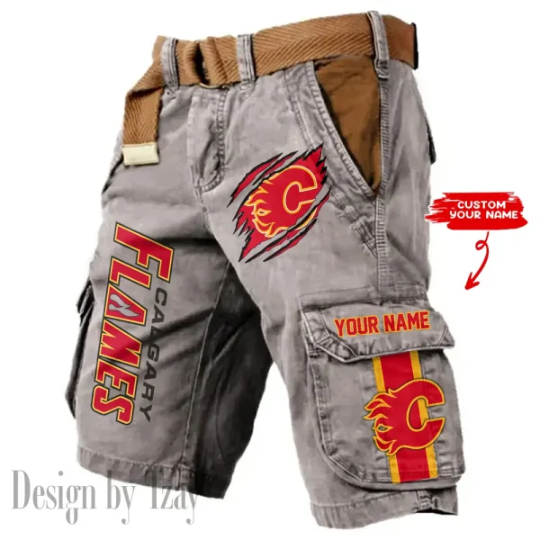 Calgary Flames Pocket Print Cargo Shorts (Belt Not Included) trending 2025 S9MCS370 - Image 3