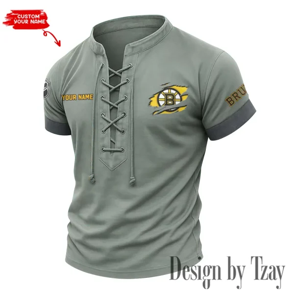 Boston Bruins Men Casual Lace-up Short Sleeve T-shirt New Design 2025 SPTMLUSTS066 - Image 2