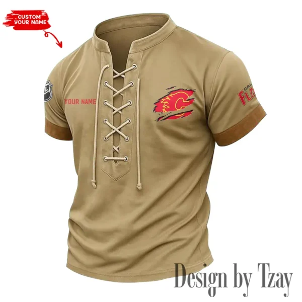 Calgary Flames Men Casual Lace-up Short Sleeve T-shirt New Design 2025 SPTMLUSTS068 - Image 2