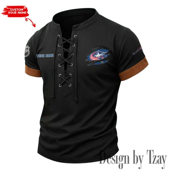 Columbus Blue Jackets Men Casual Lace-up Short Sleeve T-shirt New Design 2025 SPTMLUSTS072