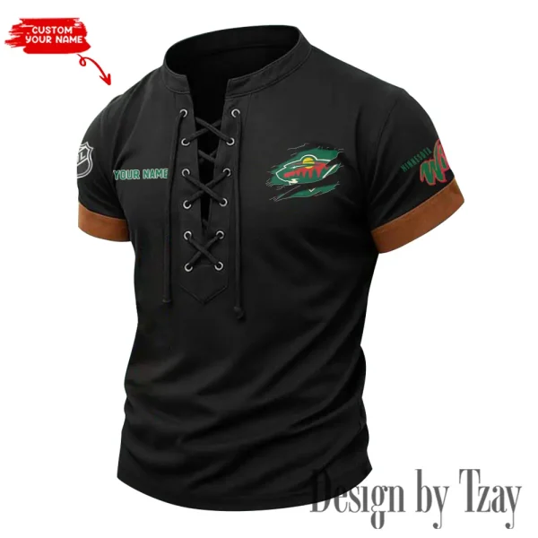 Minnesota Wild Men Casual Lace-up Short Sleeve T-shirt New Design 2025 SPTMLUSTS078 - Image 3