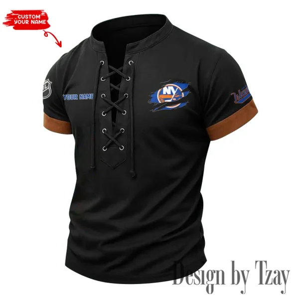 New York Islanders Men Casual Lace-up Short Sleeve T-shirt New Design 2025 SPTMLUSTS082