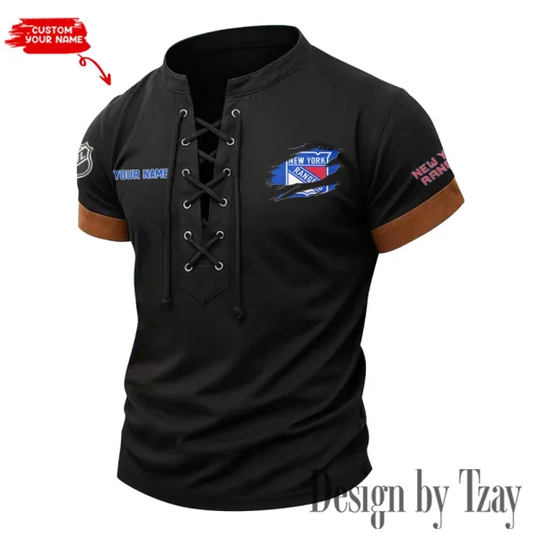 New York Rangers Men Casual Lace-up Short Sleeve T-shirt New Design 2025 SPTMLUSTS083 - Image 2