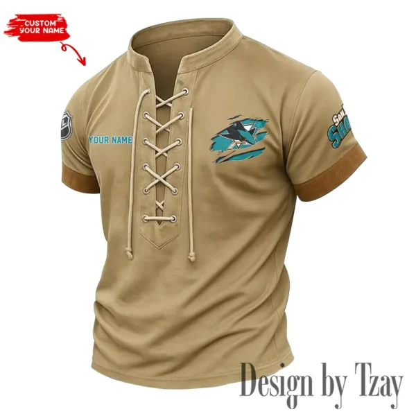 San Jose Sharks Men Casual Lace-up Short Sleeve T-shirt New Design 2025 SPTMLUSTS087 - Image 2