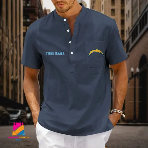Los Angeles Chargers Men Cotton Linen Short Sleeves Shirt SPTSSBBCCL004 - Image 2