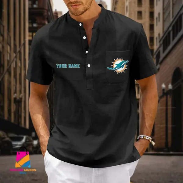 Miami Dolphins Men Cotton Linen Short Sleeves Shirt SPTSSBBCCL005 - Image 2