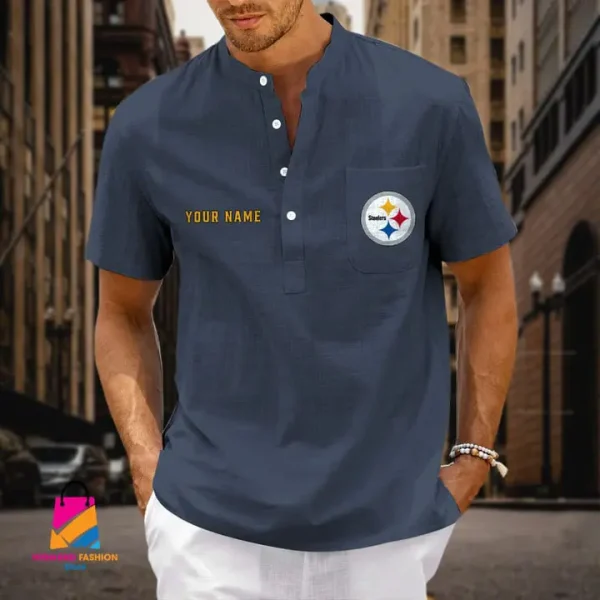 Pittsburgh Steelers Men Cotton Linen Short Sleeves Shirt SPTSSBBCCL032 - Image 2