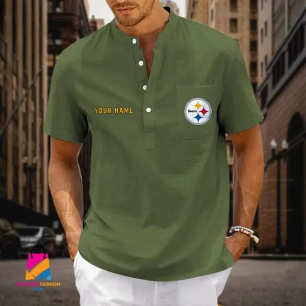 Pittsburgh Steelers Men Cotton Linen Short Sleeves Shirt SPTSSBBCCL032 - Image 4