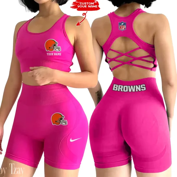 Cleveland Browns 2-PCS Women's Seamless Yoga Set Sexy Sport Bra High Waist Sports Shorts 2025 SPT2PWSYS008 - Image 3